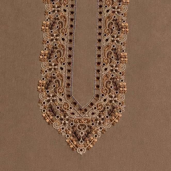 UNSTITCHED - Pure Cotton Light Brown Kashmiri Embroidered Unstitched Kurta Pajama & Pathani Suit Fabric (FKH-CTKU11)