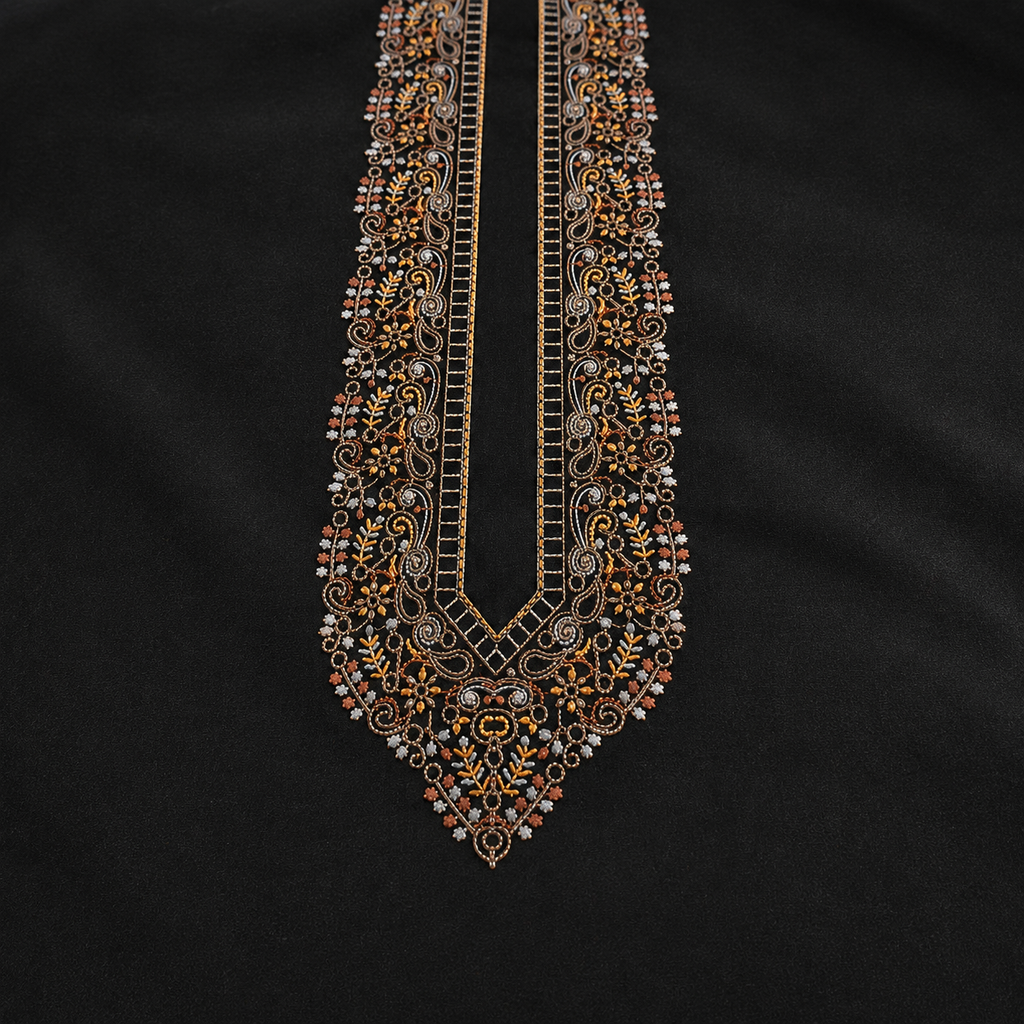Pure Cotton Black  Kashmiri Embroidered Unstitched Kurta Pajama & Pathani Suit Fabric (FKH-CTKU18)