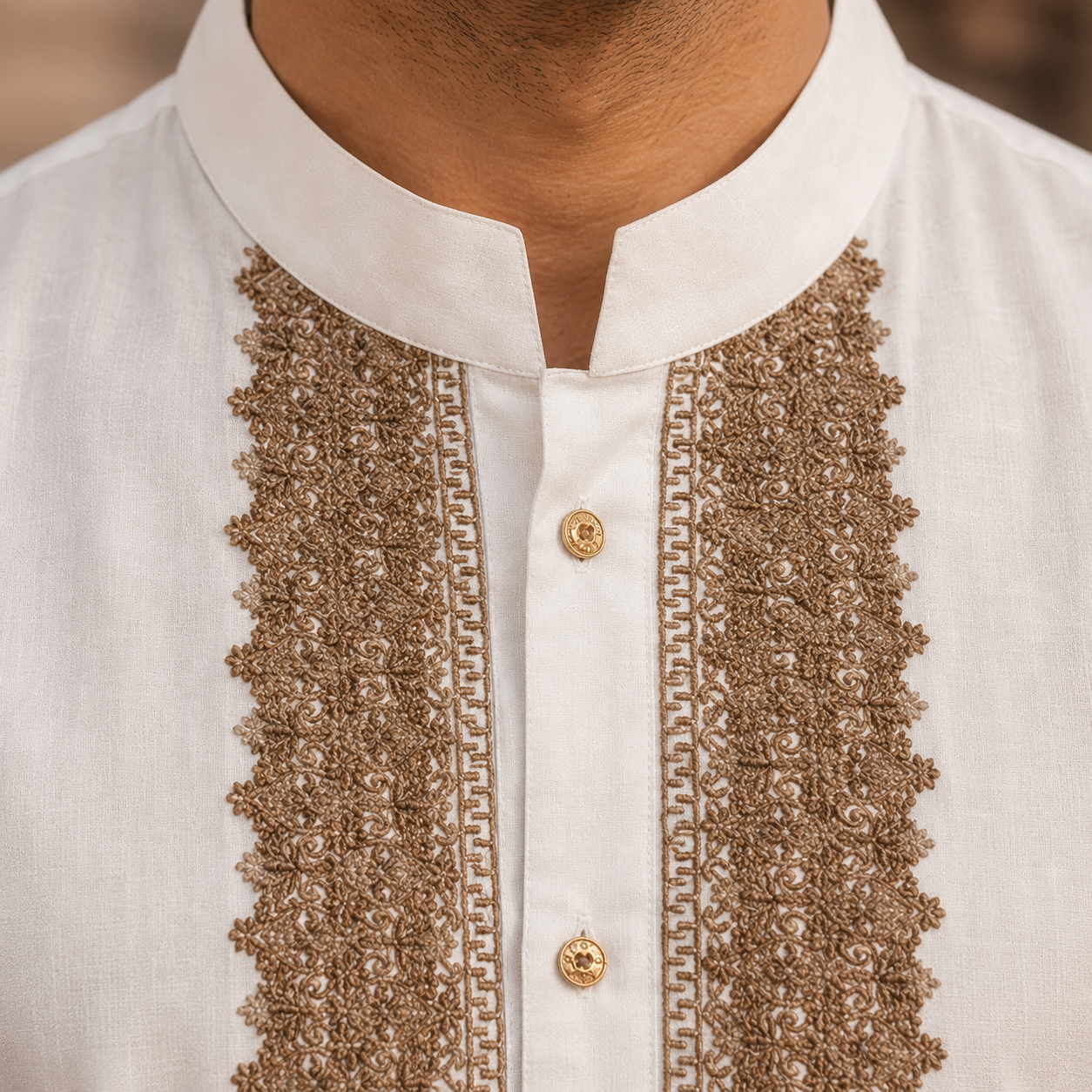 STITCHED - White Pure Cotton Kurta Shalwar with Taupe Beige Kashmiri Embroidery (FKH-CTK05)