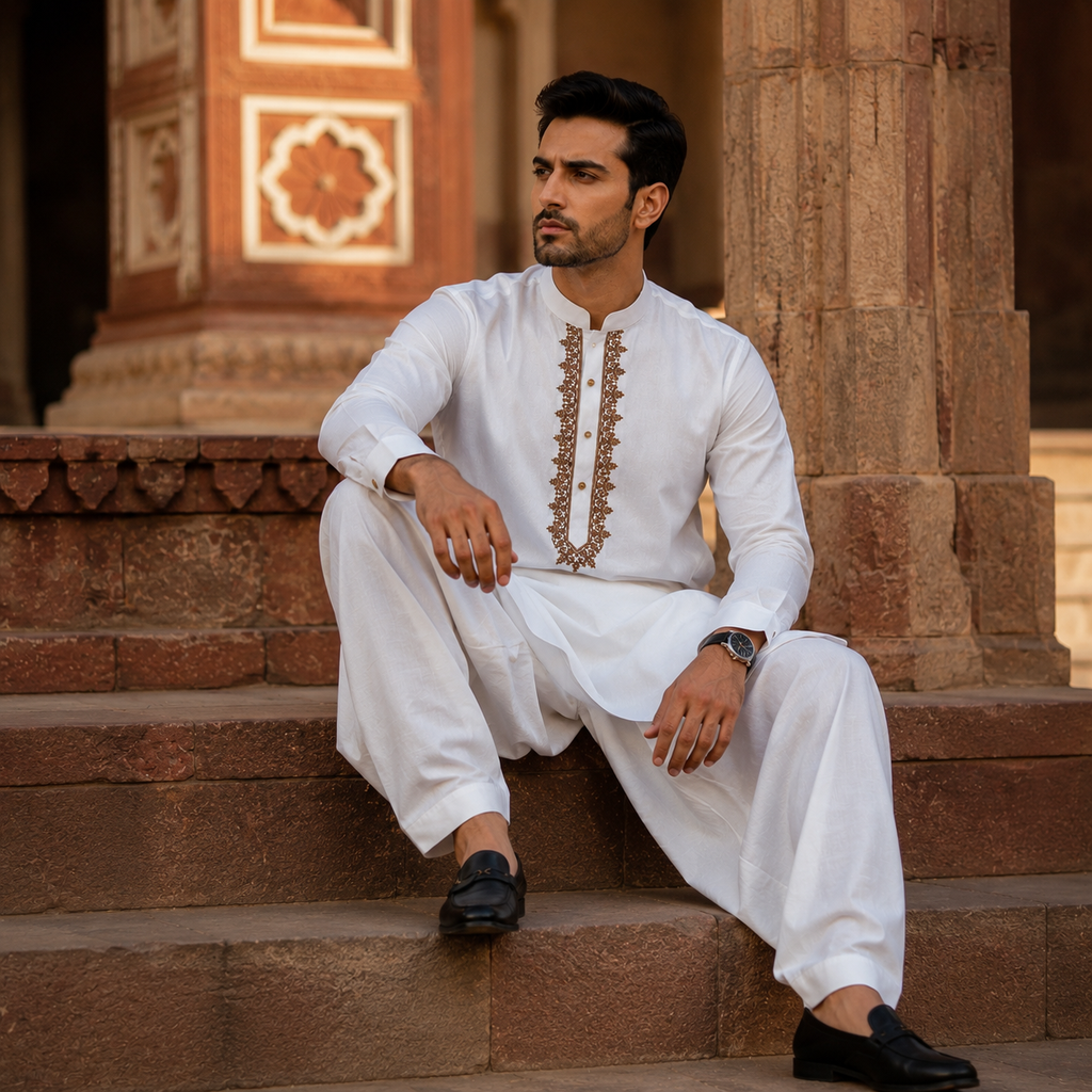STITCHED - White Pure Cotton Kashmiri Embroidered Kurta Shalwar with Brown Embroidery (FKH-CTK12)