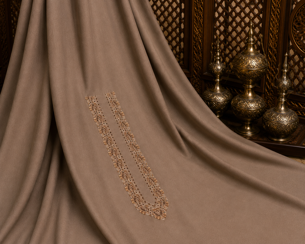 UNSTITCHED - Pure Cotton Light Brown Kashmiri Embroidered Unstitched Kurta Pajama & Pathani Suit Fabric (FKH-CTKU11)