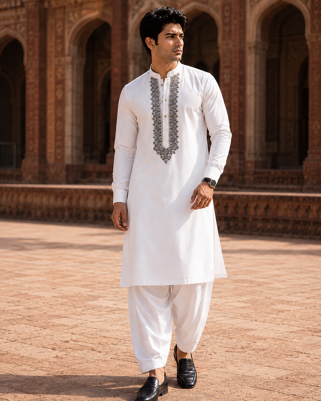 STITCHED - White Pure Cotton Kurta Shalwar with Silver Grey Kashmiri Embroidery (FKH-CTK06)