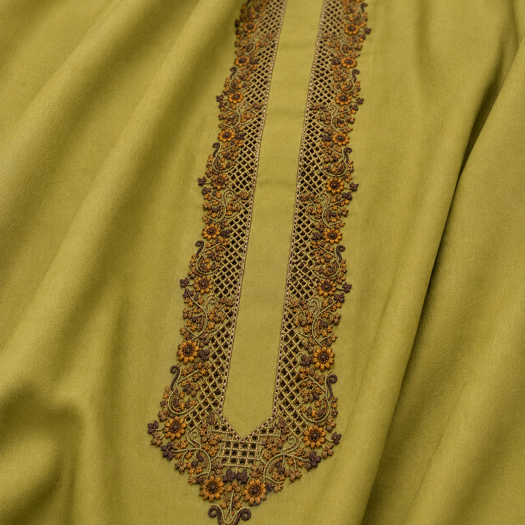 UNSTITCHED - Pure Cotton Pastel Olive Green Kashmiri Embroidered Unstitched Kurta Pajama & Pathani Suit Fabric (FKH-CTKU04)