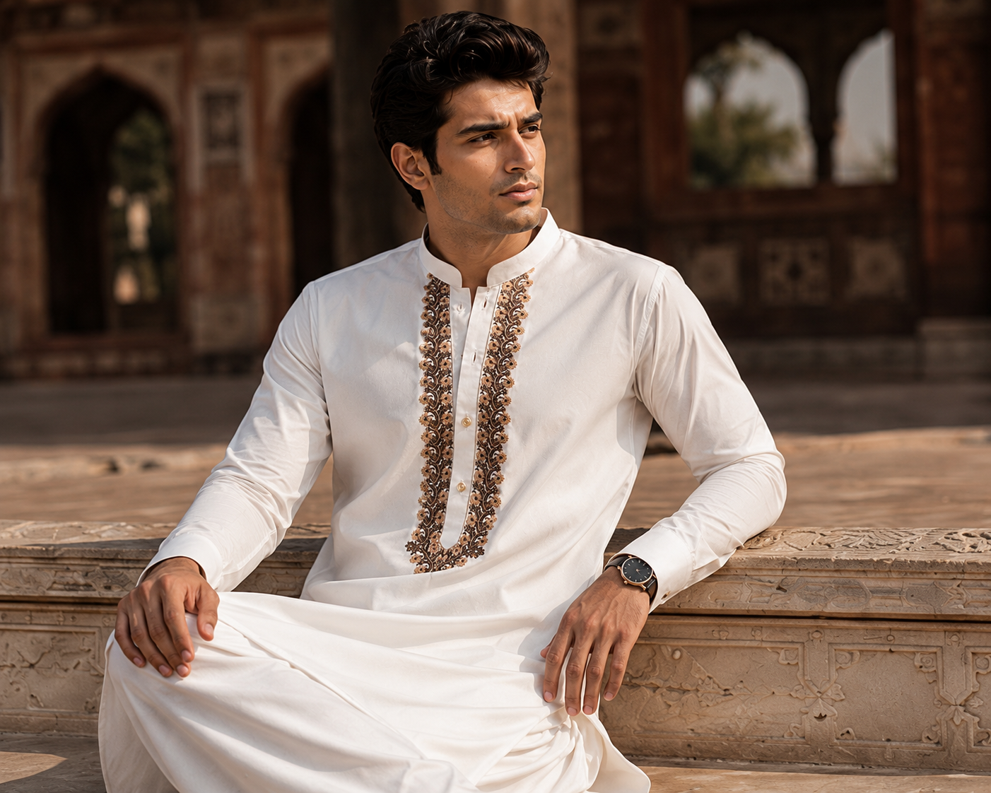STITCHED - White Pure Cotton Kashmiri Embroidered Kurta Shalwar with Antique Gold & Brown Embroidery (FKH-CTK10)