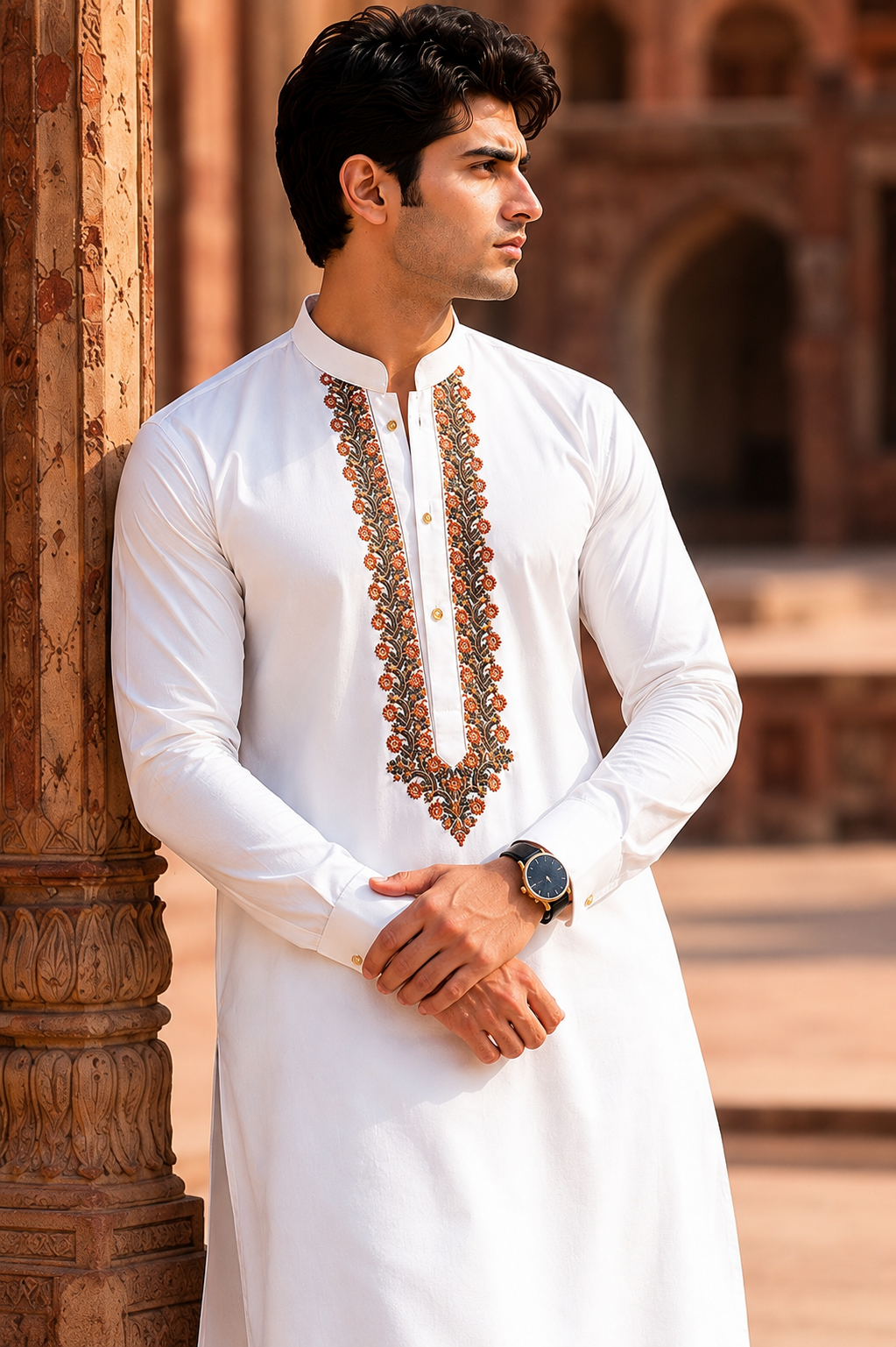 STITCHED - White Pure Cotton Kashmiri Embroidered Kurta Shalwar with Rust Orange & Black Embroidery (FKH-CTK09)
