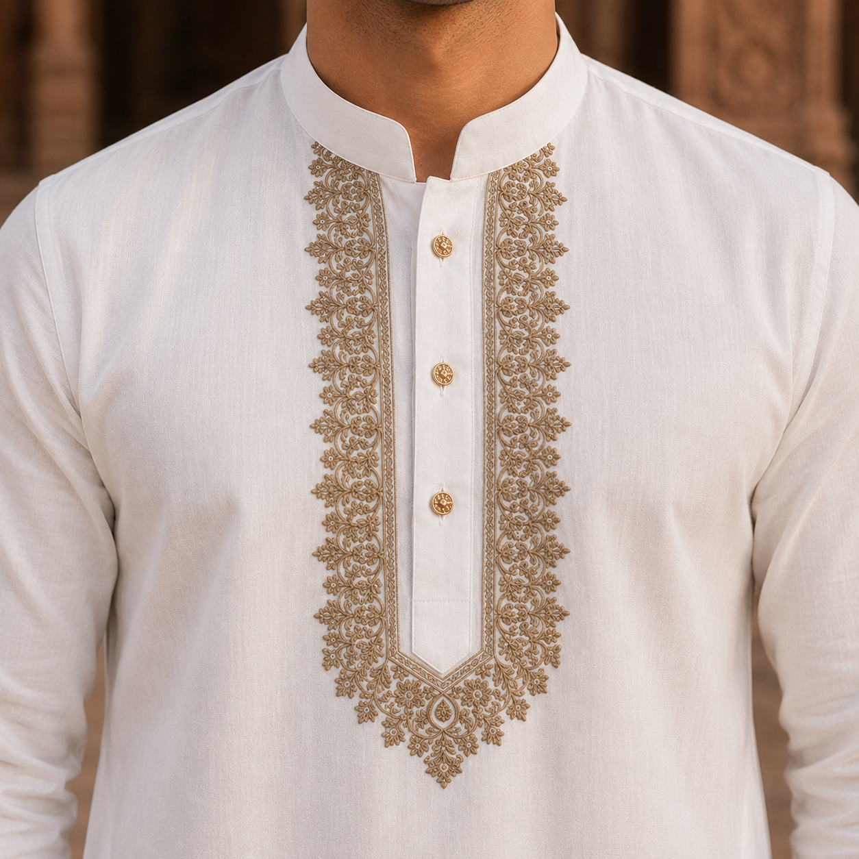 STITCHED - White Pure Cotton Kurta Shalwar with Champagne Gold Kashmiri Embroidery (FKH-CTK01)