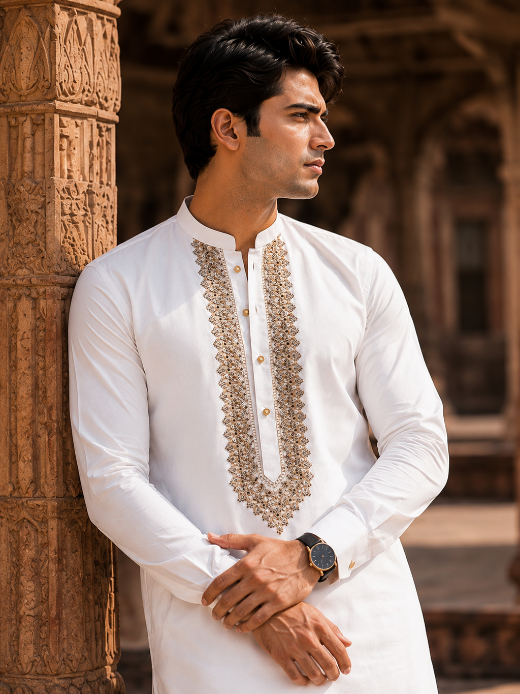 STITCHED - White Pure Cotton Kashmiri Embroidered Kurta Shalwar with Champagne Gold Embroidery (FKH-CTK08)