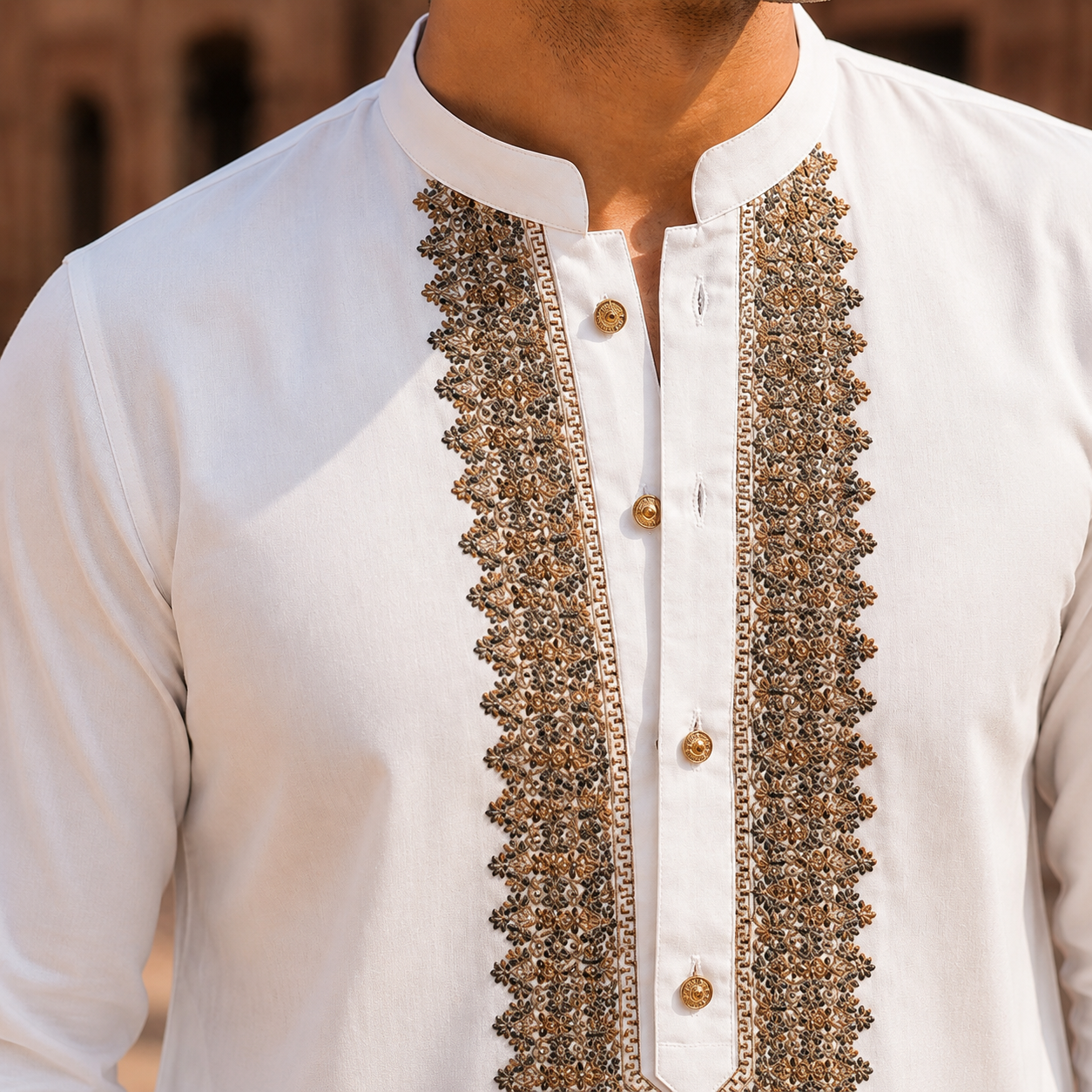 STITCHED - White Pure Cotton Kurta Shalwar with Antique Gold Kashmiri Embroidery (FKH-CTK07)