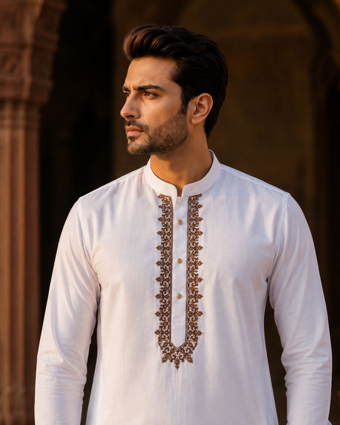 STITCHED - White Pure Cotton Kashmiri Embroidered Kurta Shalwar with Copper Brown Embroidery (FKH-CTK11)