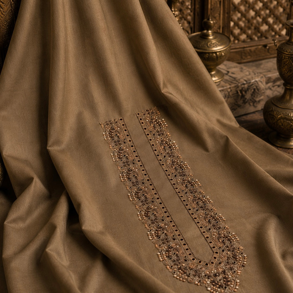 Pure Cotton Brown Kashmiri Embroidered Unstitched Kurta Pajama & Pathani Suit Fabric (FKH-CTKU15)