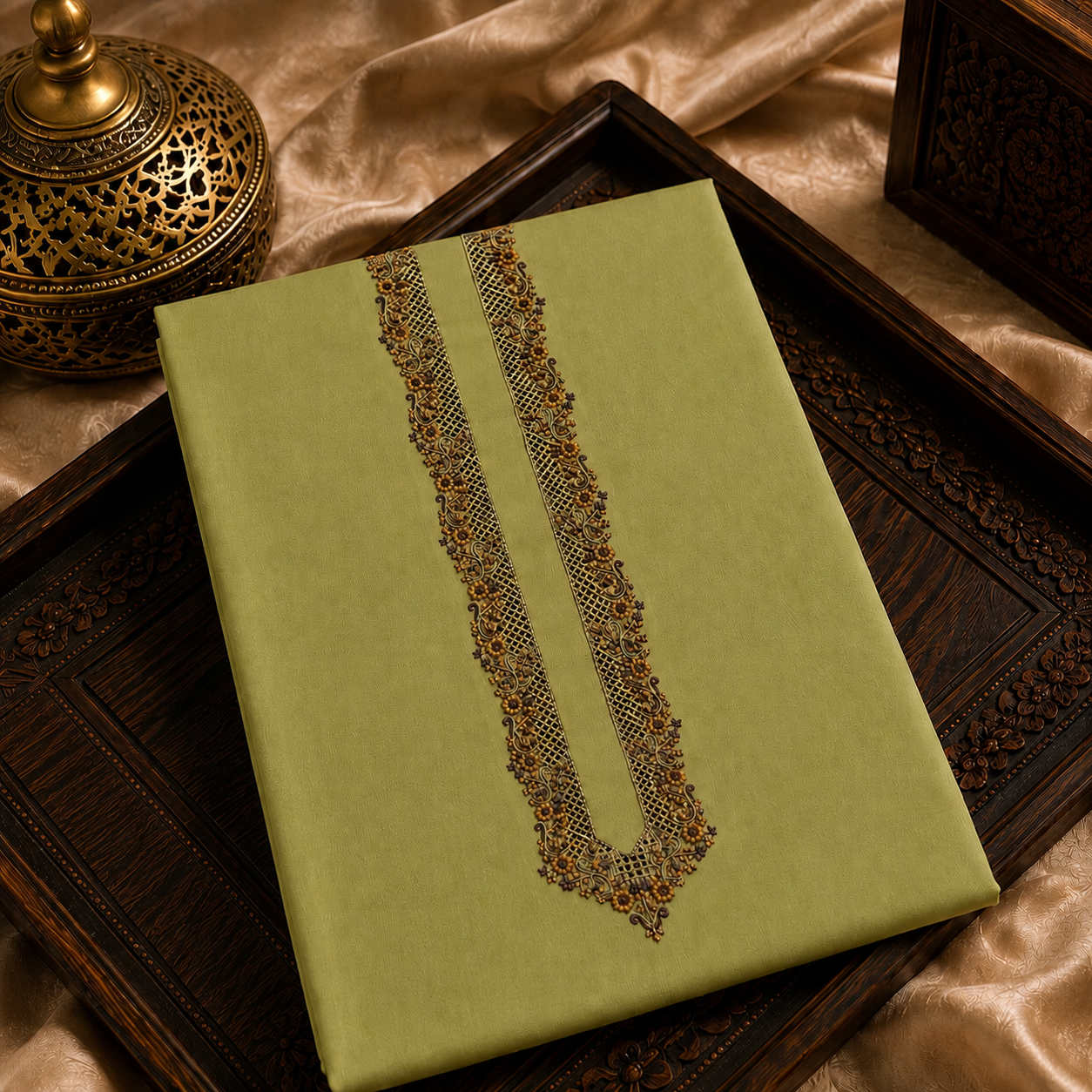 UNSTITCHED - Pure Cotton Pastel Olive Green Kashmiri Embroidered Unstitched Kurta Pajama & Pathani Suit Fabric (FKH-CTKU04)