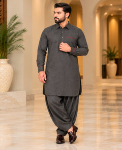 GREY TEXTURED TROPICAL FARIC PATHANI WITH PLACKET