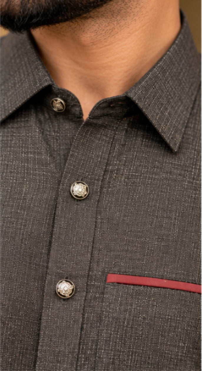 GREY TEXTURED TROPICAL FARIC PATHANI WITH PLACKET