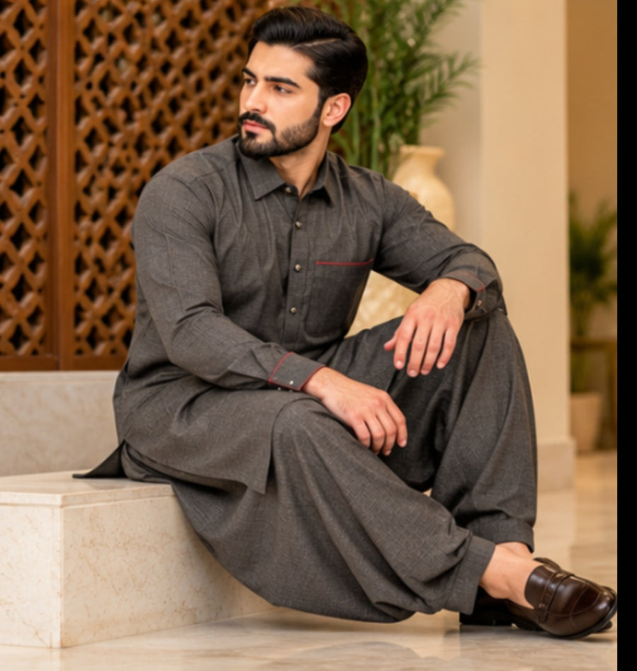 GREY TEXTURED TROPICAL FARIC PATHANI WITH PLACKET