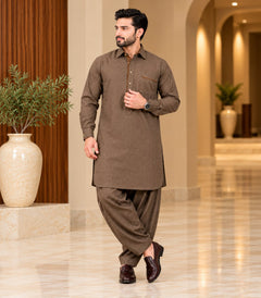 BROWN TEXTURED TROPICAL FABRIC PATHANI WITH PLACKET