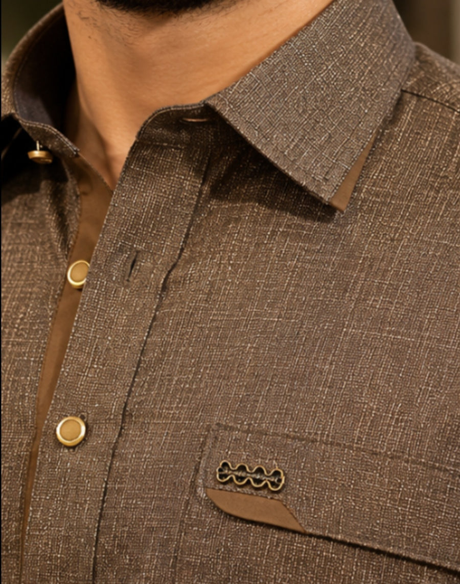 BROWN TEXTURED TROPICAL FABRIC PATHANI WITH PLACKET