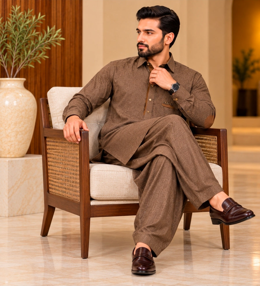 BROWN TEXTURED TROPICAL FABRIC PATHANI WITH PLACKET