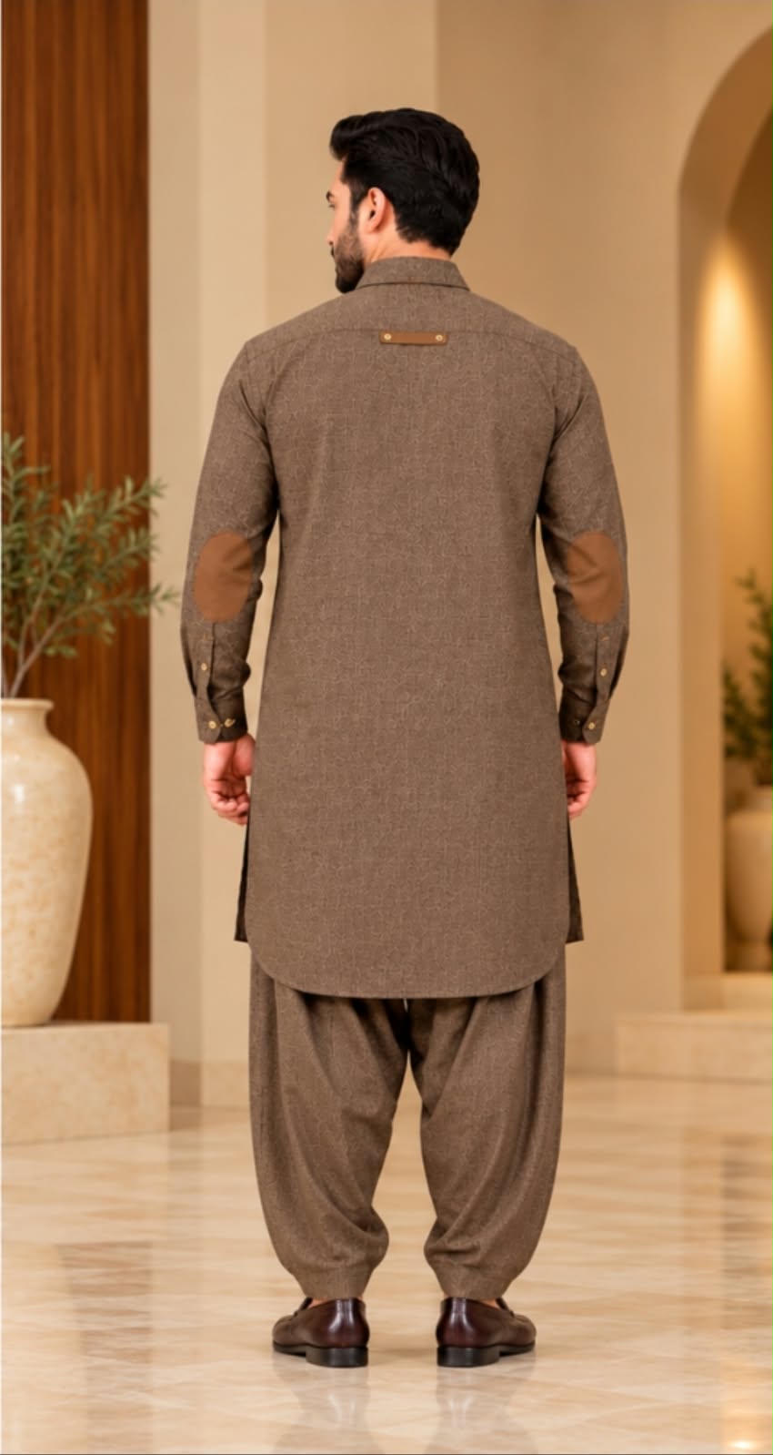 BROWN TEXTURED TROPICAL FABRIC PATHANI WITH PLACKET