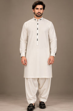 LOOP BUTTON DOUBLE COLLAR STRIP PATHANI - OFF WHITE&nbsp;
