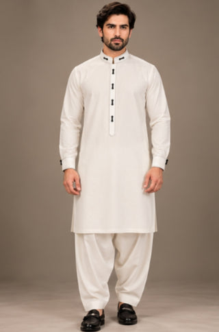LOOP BUTTON DOUBLE COLLAR STRIP PATHANI - OFF WHITE&nbsp;