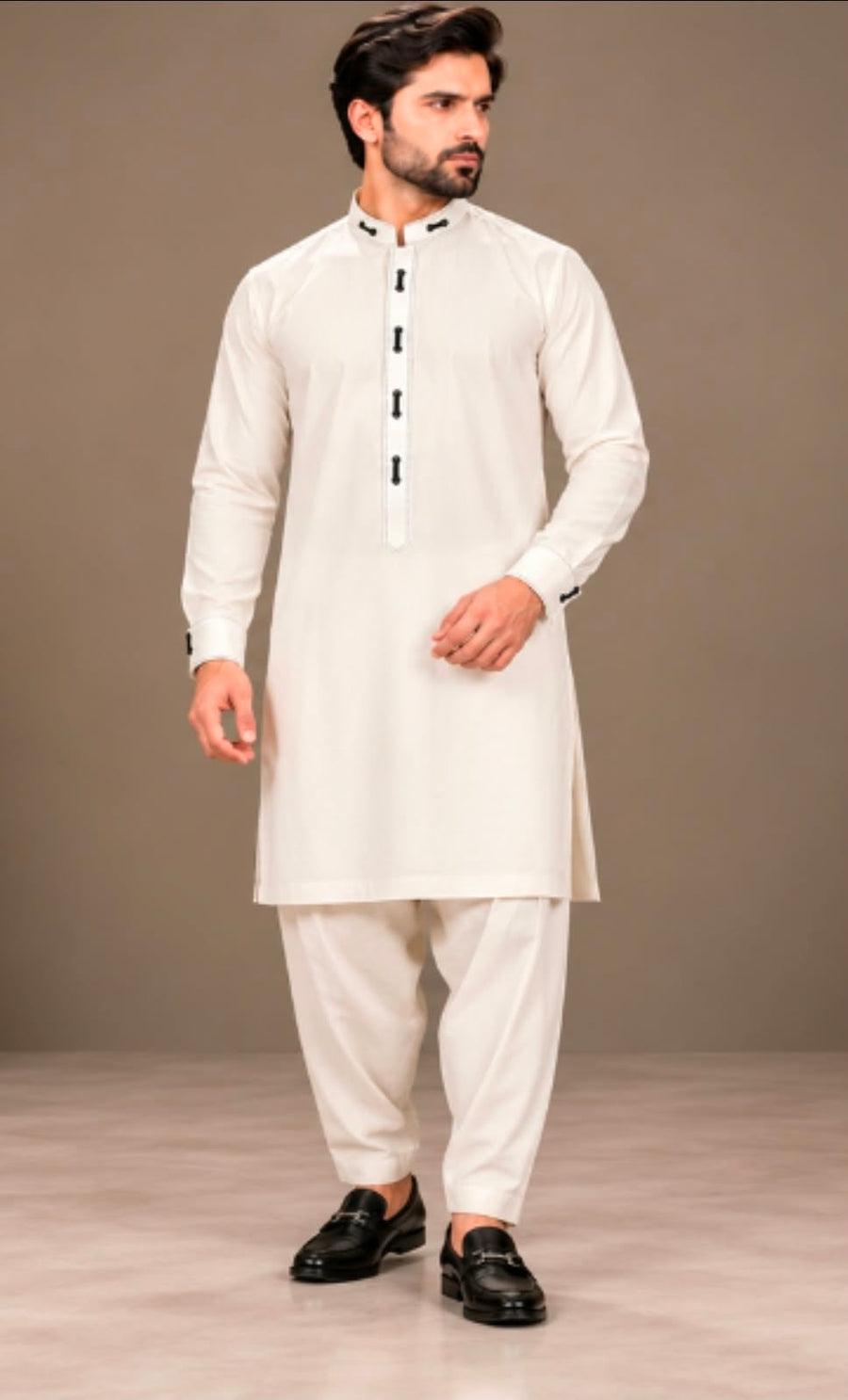LOOP BUTTON DOUBLE COLLAR STRIP PATHANI - OFF WHITE&nbsp;