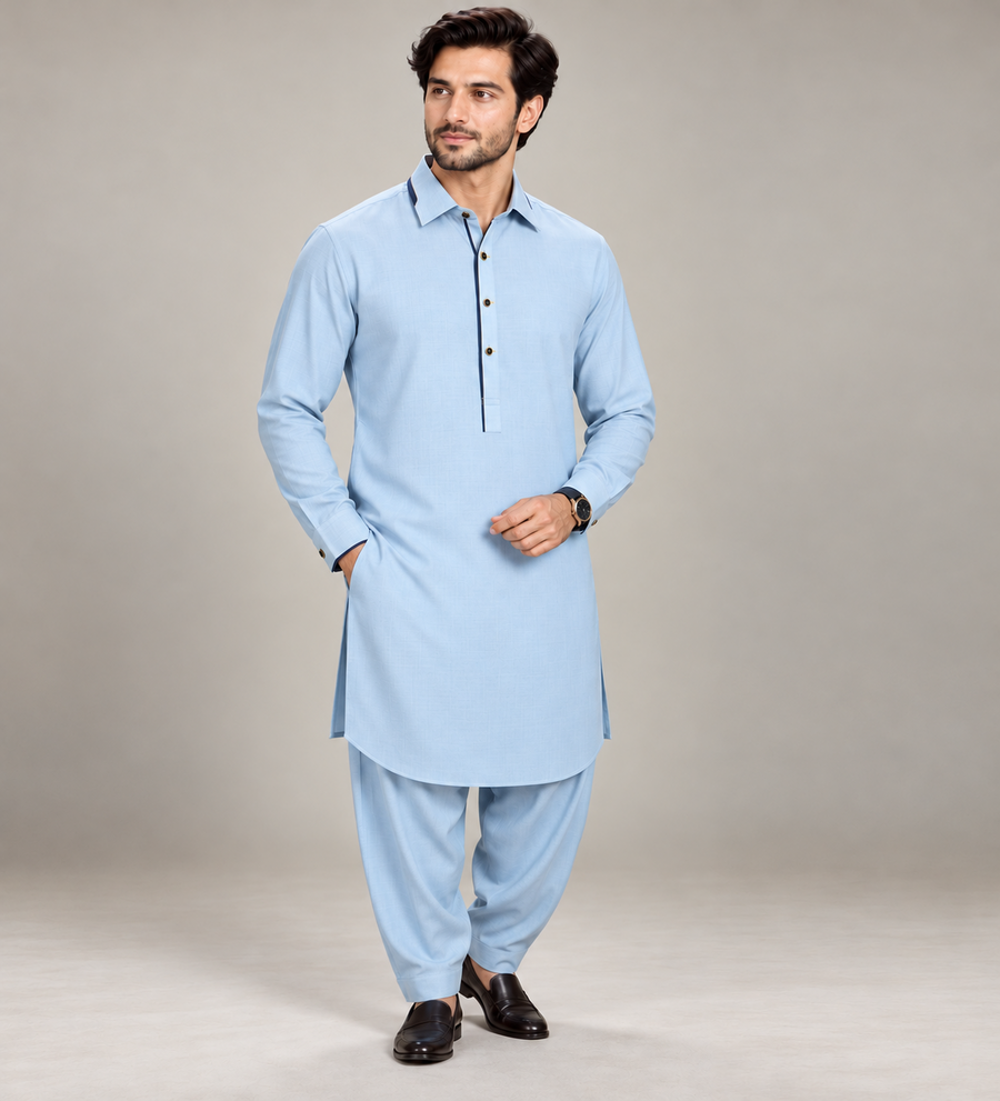 DESIGNER PATHANI NAVY BLUE PIPING – SKY BLUE