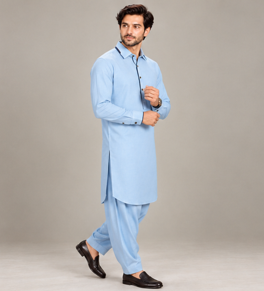 DESIGNER PATHANI NAVY BLUE PIPING – SKY BLUE