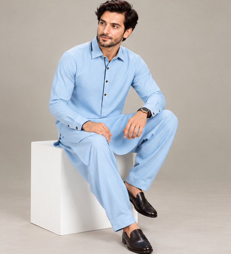 DESIGNER PATHANI NAVY BLUE PIPING – SKY BLUE