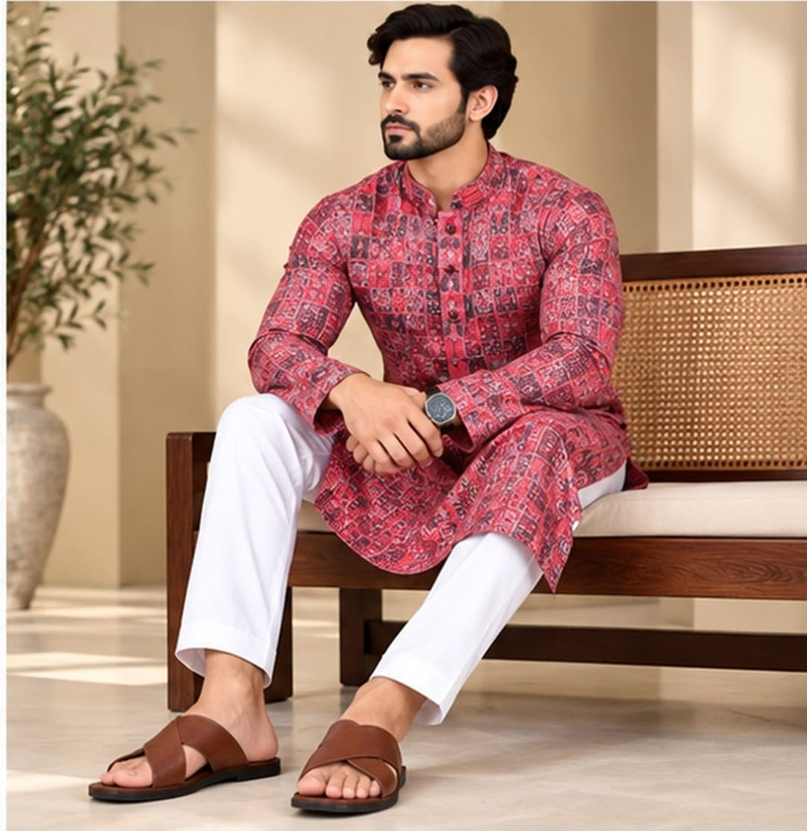 DIGITAL RED KURTA SET - PARTY WEAR