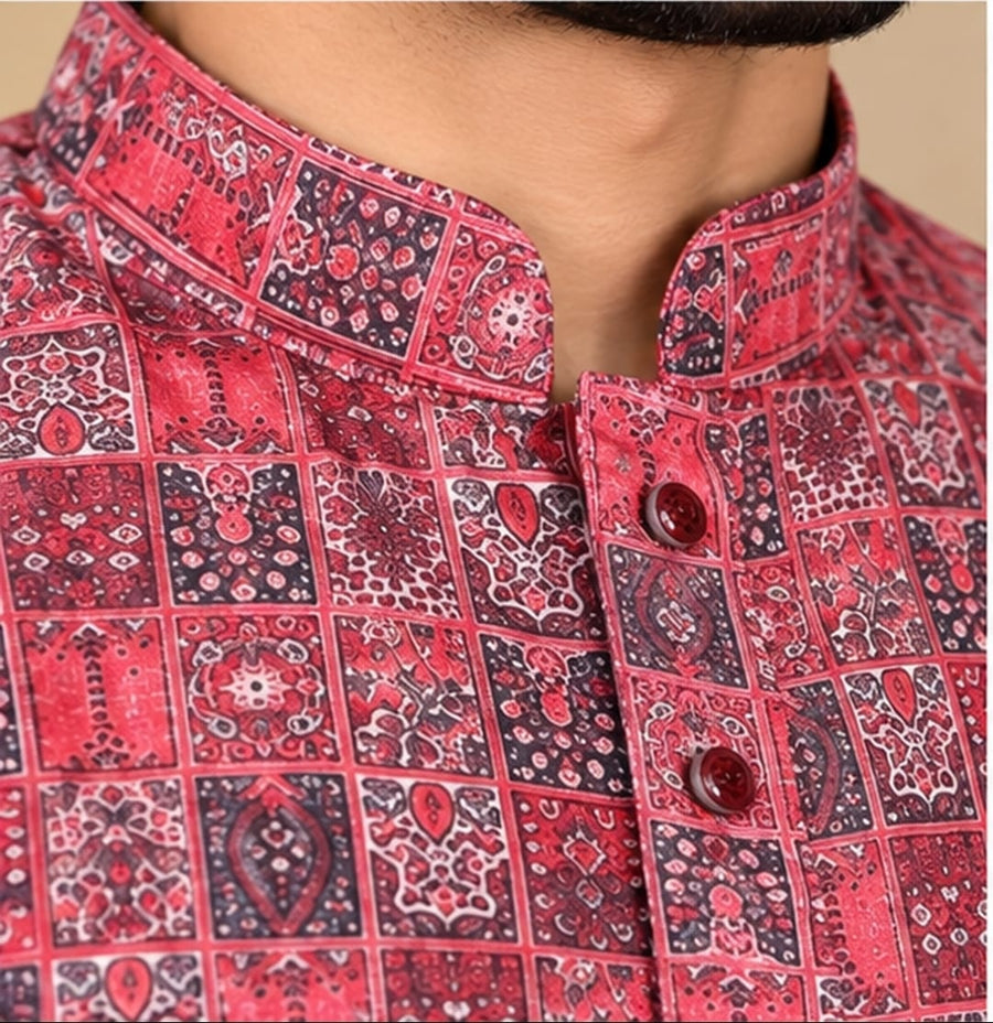 DIGITAL RED KURTA SET - PARTY WEAR
