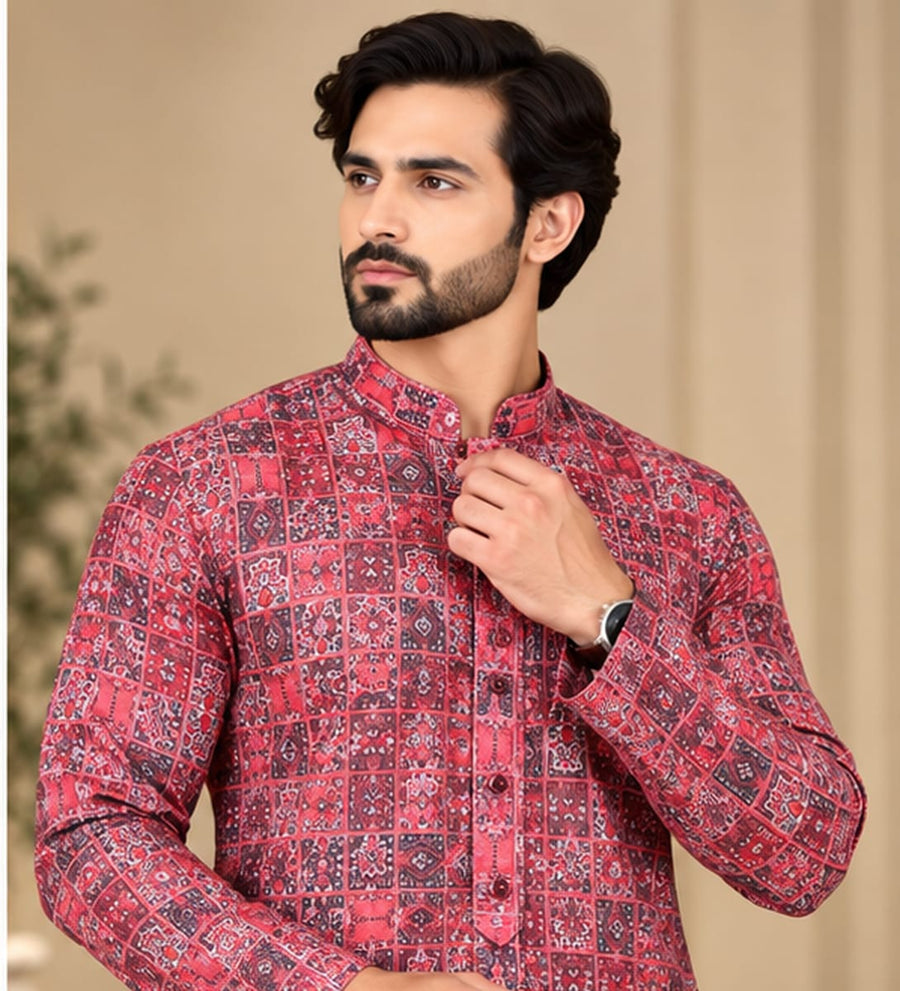 DIGITAL RED KURTA SET - PARTY WEAR