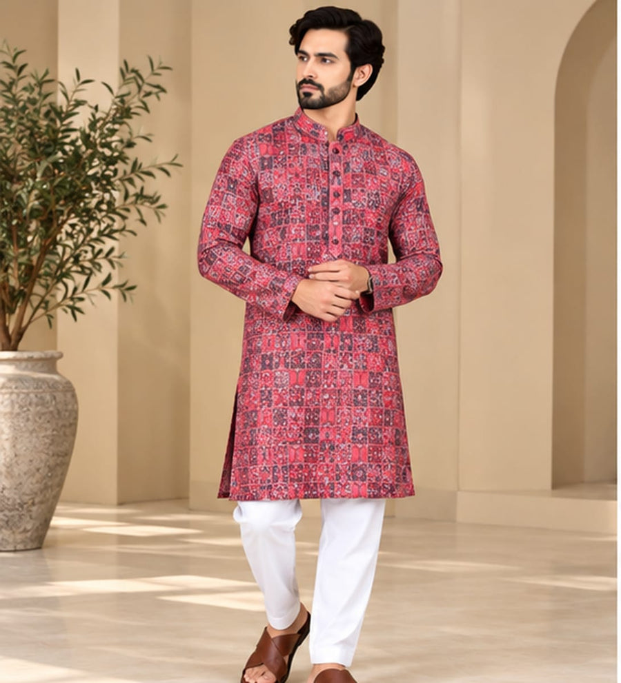 DIGITAL RED KURTA SET - PARTY WEAR