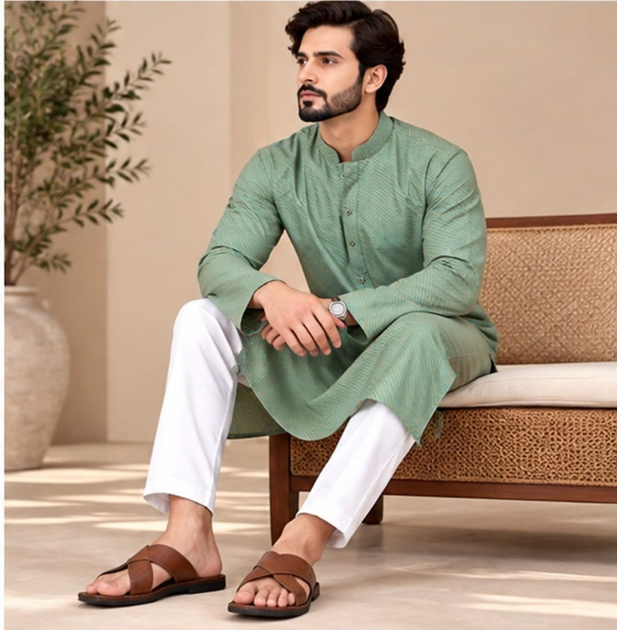 DIAGONAL STRIPE KURTA SET GREEN COLOUR - PARTY WEAR
