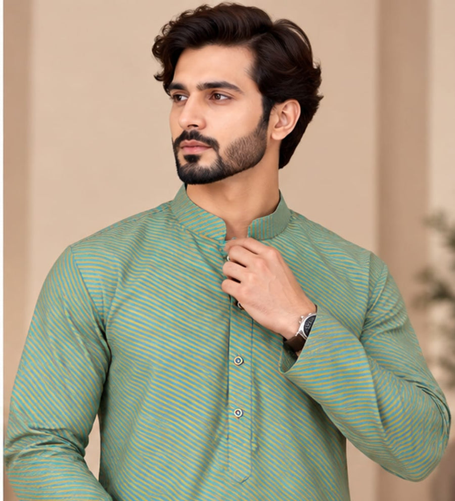 DIAGONAL STRIPE KURTA SET GREEN COLOUR - PARTY WEAR