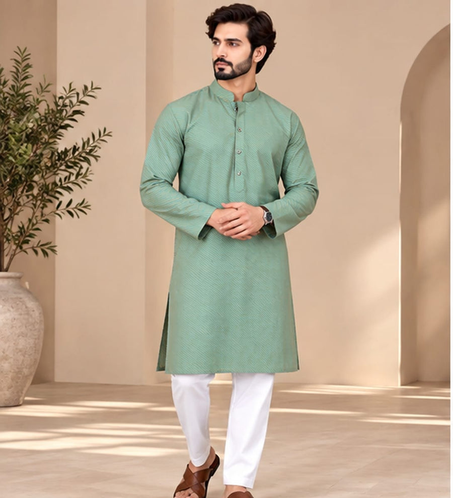 DIAGONAL STRIPE KURTA SET GREEN COLOUR - PARTY WEAR