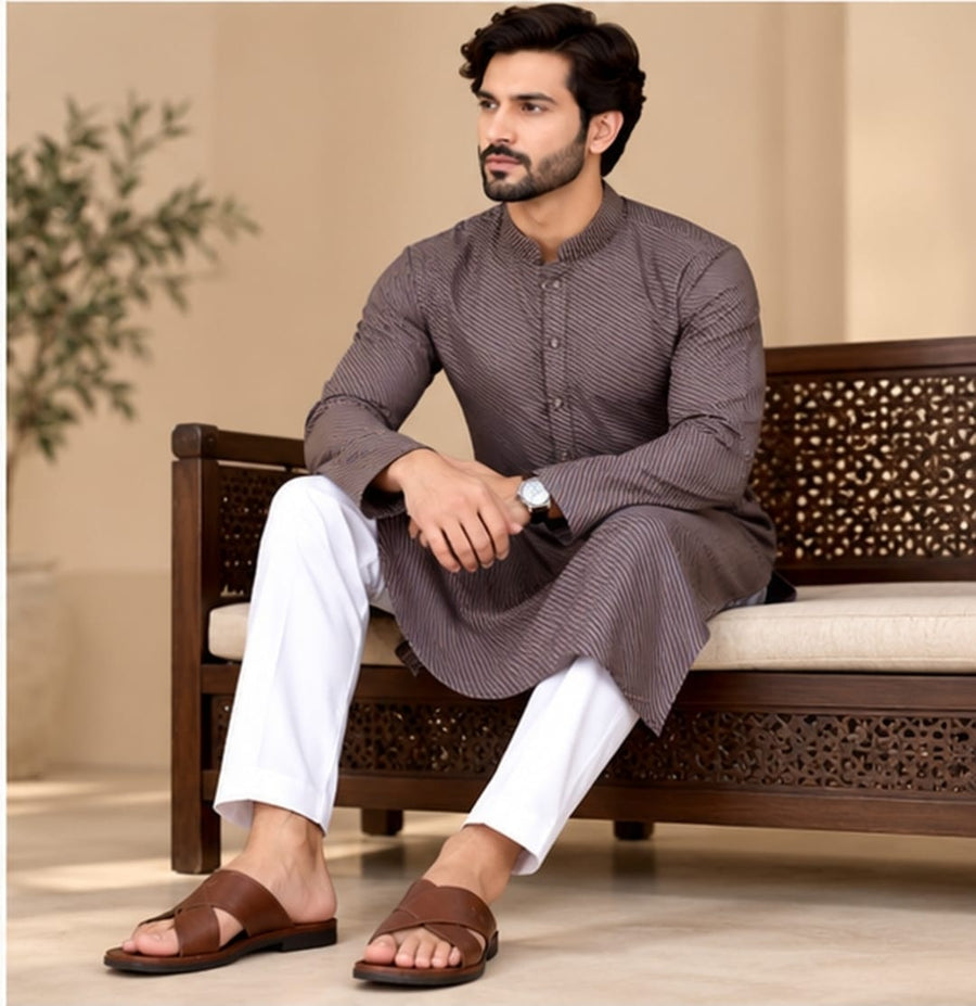 DIAGONAL STRIP KURTA SET MAUVE COLOUR - PARTY WEAR