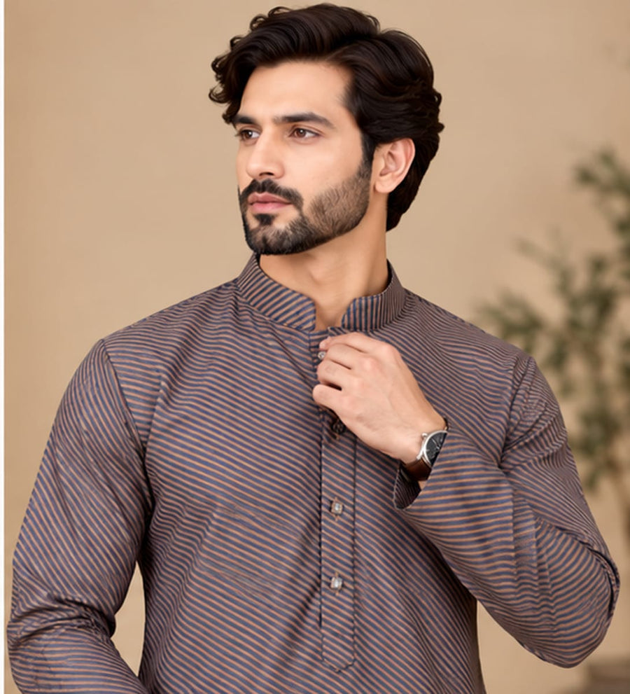 DIAGONAL STRIP KURTA SET MAUVE COLOUR - PARTY WEAR