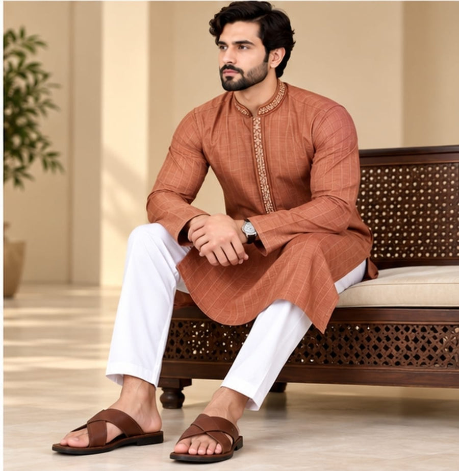 EMBROIDERED KURTA SET ORANGE RUST - PARTY WEAR