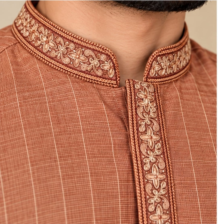 EMBROIDERED KURTA SET ORANGE RUST - PARTY WEAR