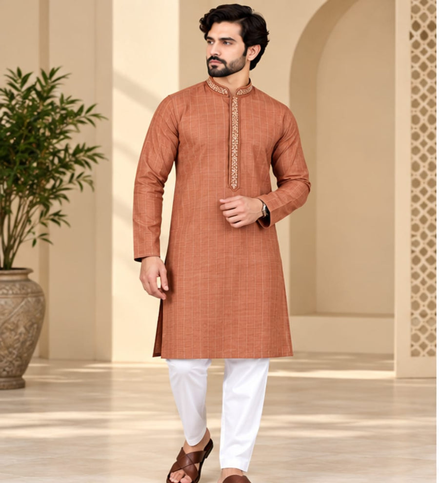 EMBROIDERED KURTA SET ORANGE RUST - PARTY WEAR