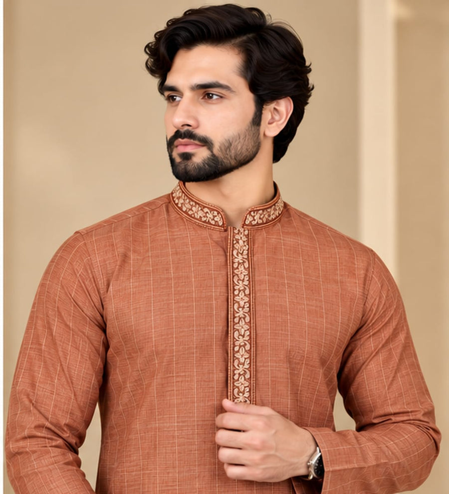 EMBROIDERED KURTA SET ORANGE RUST - PARTY WEAR