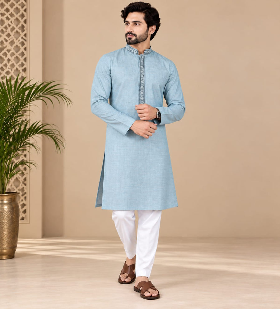 EMBROIDERED KURTA SET TURQUOISE BLUE - PARY WEAR