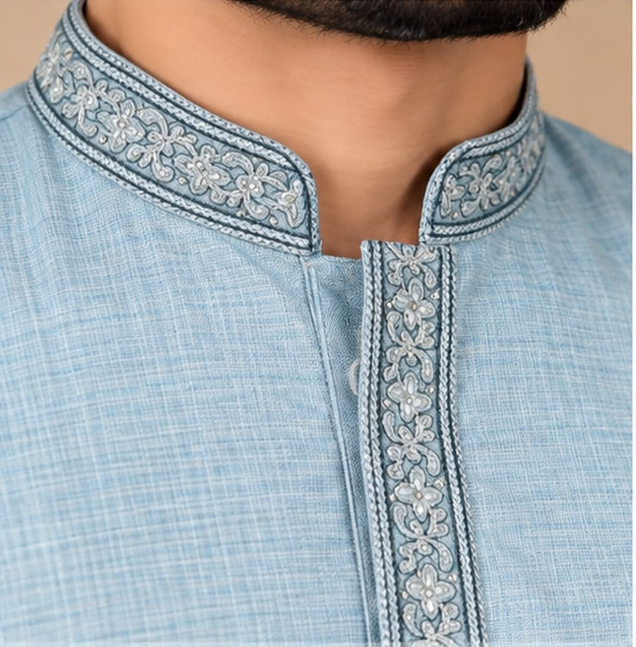 EMBROIDERED KURTA SET TURQUOISE BLUE - PARY WEAR