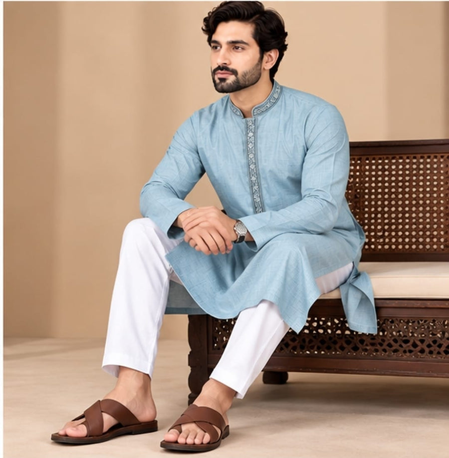 EMBROIDERED KURTA SET TURQUOISE BLUE - PARY WEAR