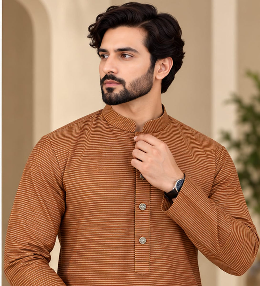 STRIPED KURTA SET RUST COLOUR - FESTIVE WEAR
