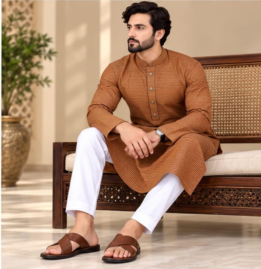 STRIPED KURTA SET RUST COLOUR - FESTIVE WEAR