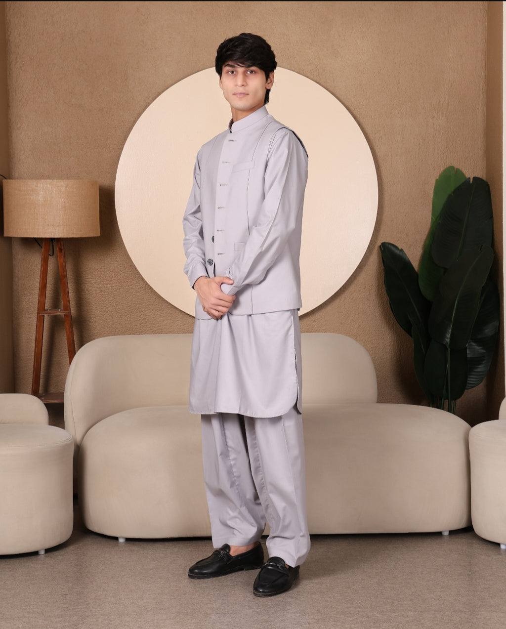 3PC PATHANI SET+WAIST COAT - ASH GREY