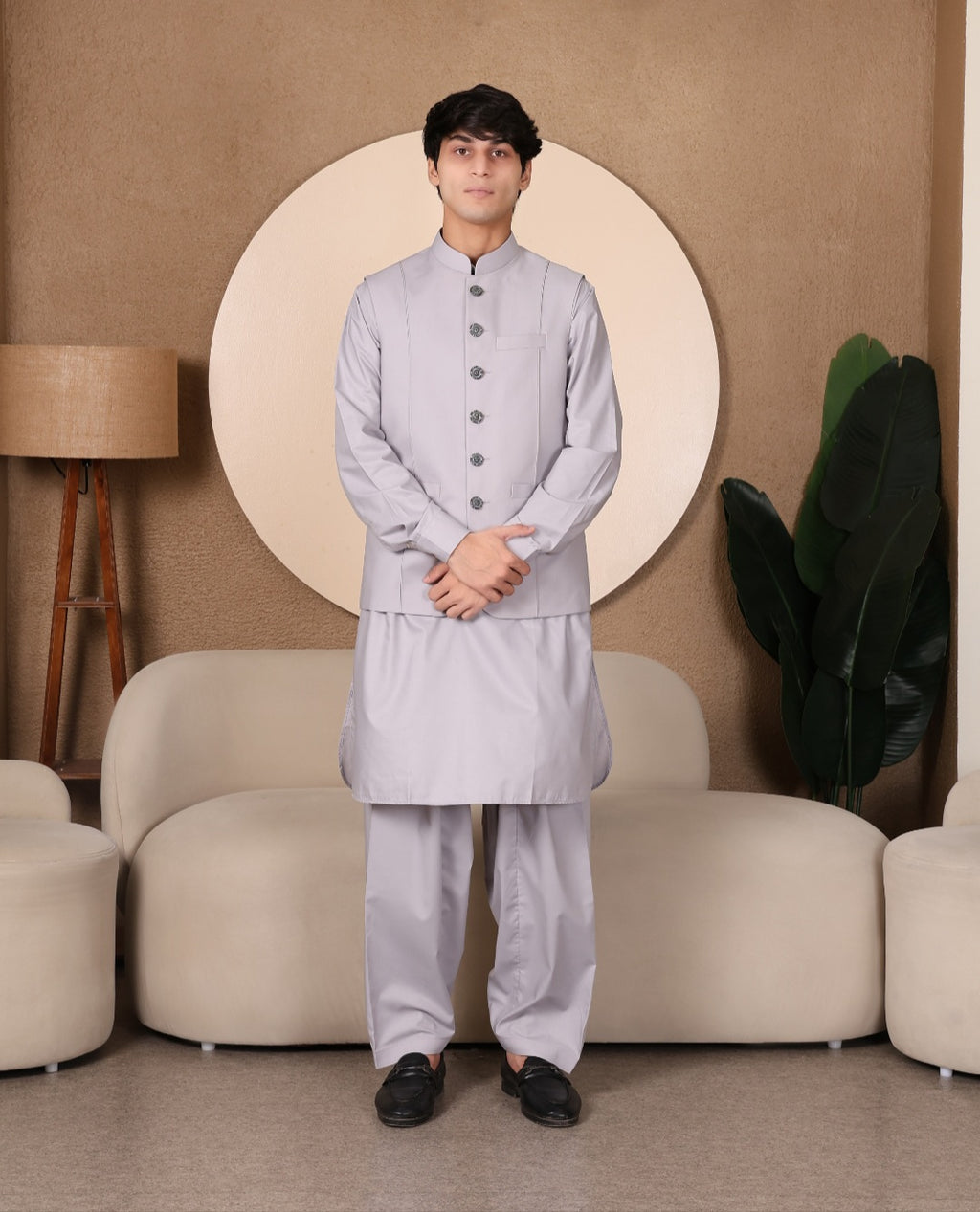 3PC PATHANI SET+WAIST COAT - ASH GREY
