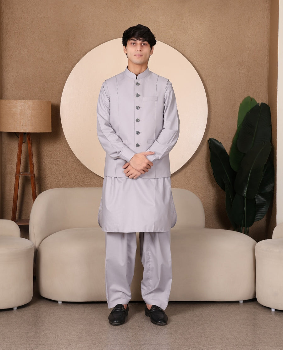 3PC PATHANI SET+WAIST COAT : ASH GREY