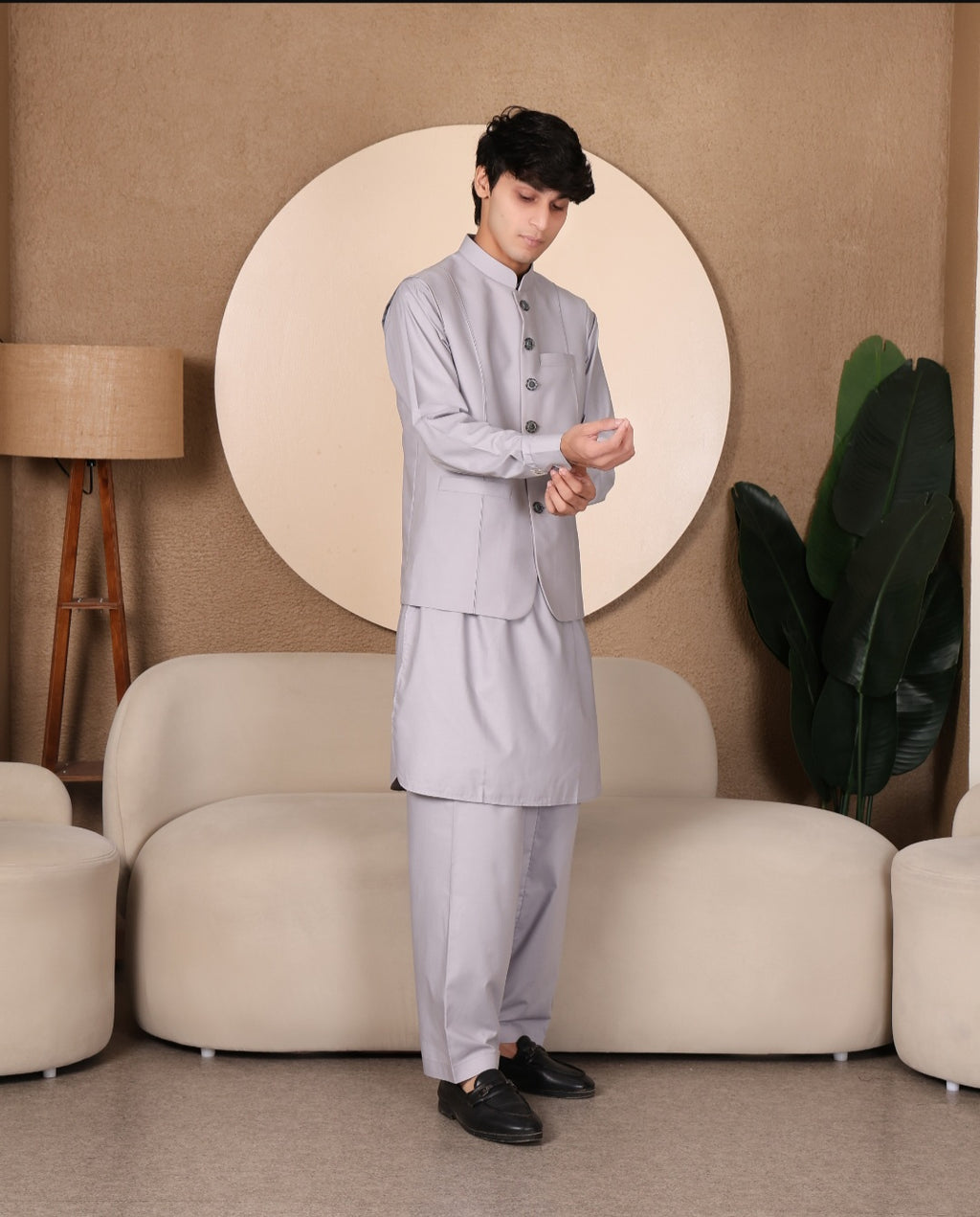 3PC PATHANI SET+WAIST COAT - ASH GREY